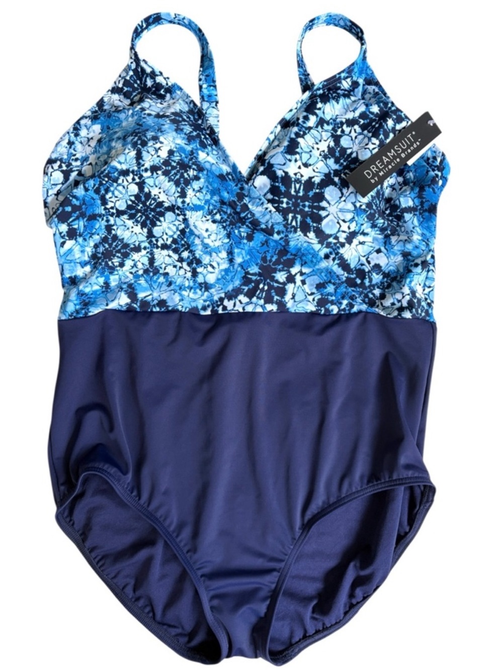 NWT Dreamsuit By Miracle Brands One Piece Blue TieDye Wrap Top Swimsuit Size 18W